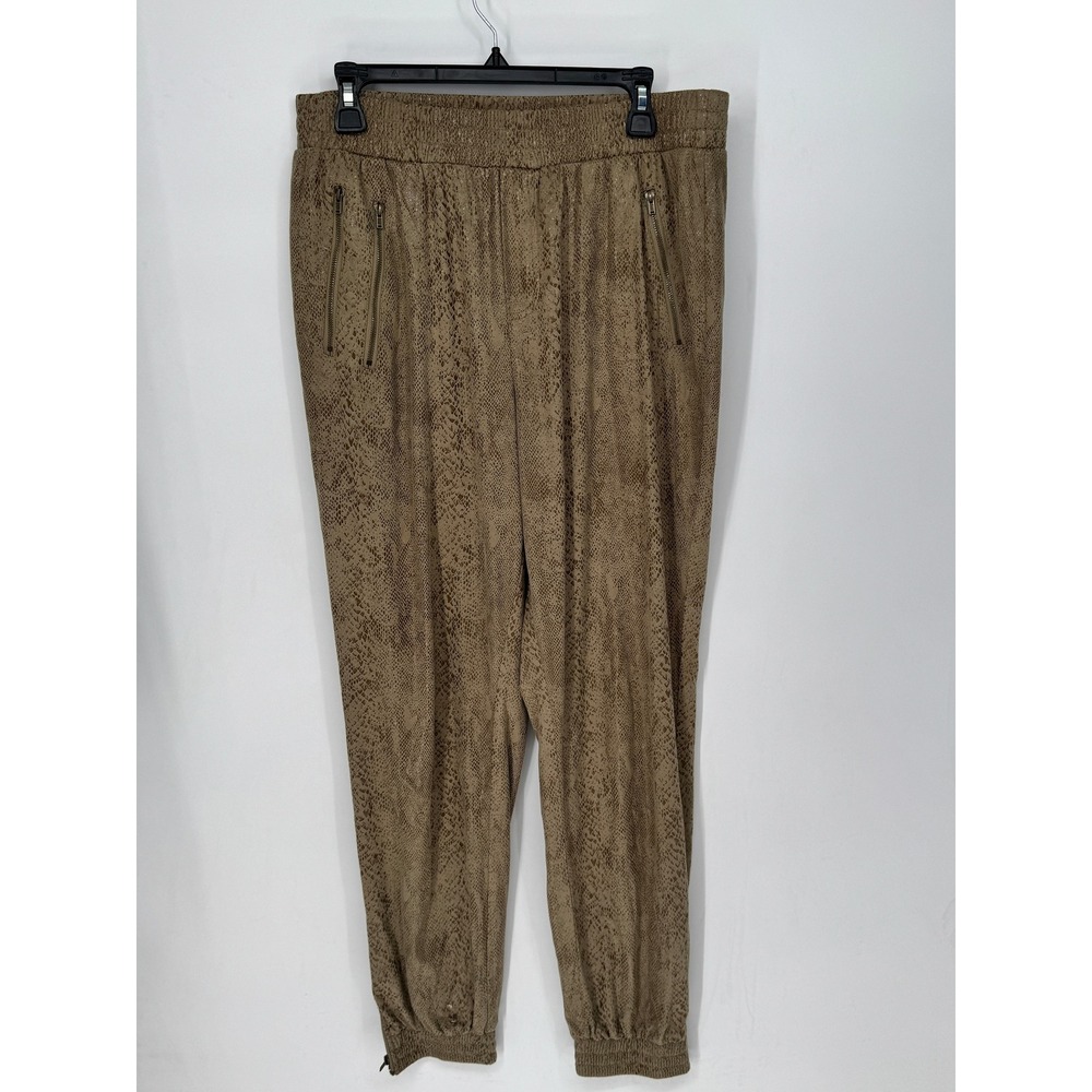 Versona Jogger Pants Womens L Tan Good Faux Suede Snakeskin Animal Print Zippers